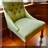 F23. Green tufted occasional chair. 35”h x 23”w x 24”d 